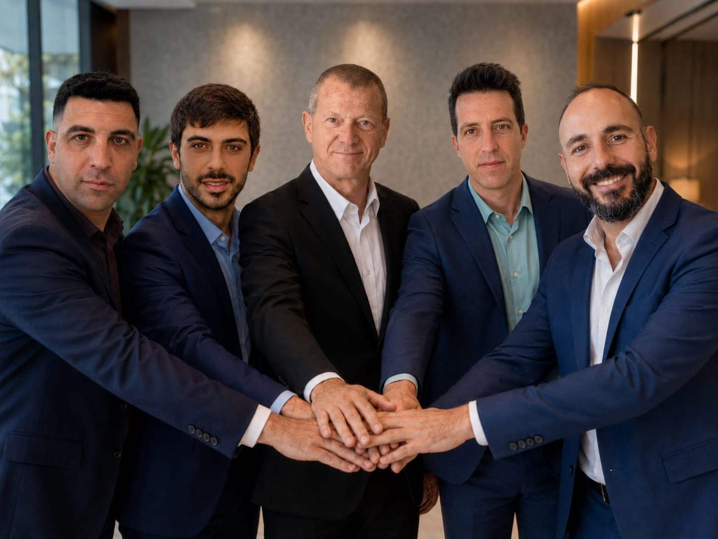 צוות Be A Winner — חמישה גברים בחליפות משלבים ידיים יחד